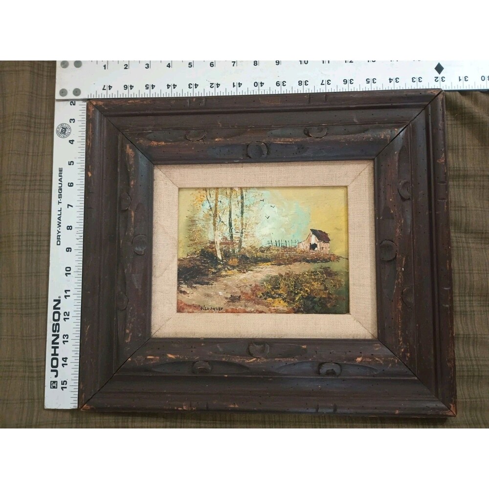 60s 70s Betty Neubauer Signed Original Oil Landscape Hand Carved Wood Frame